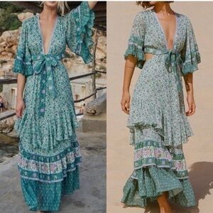 Spell Sienna Bambi Gown Maxi Dress Jade Green Blue Floral
